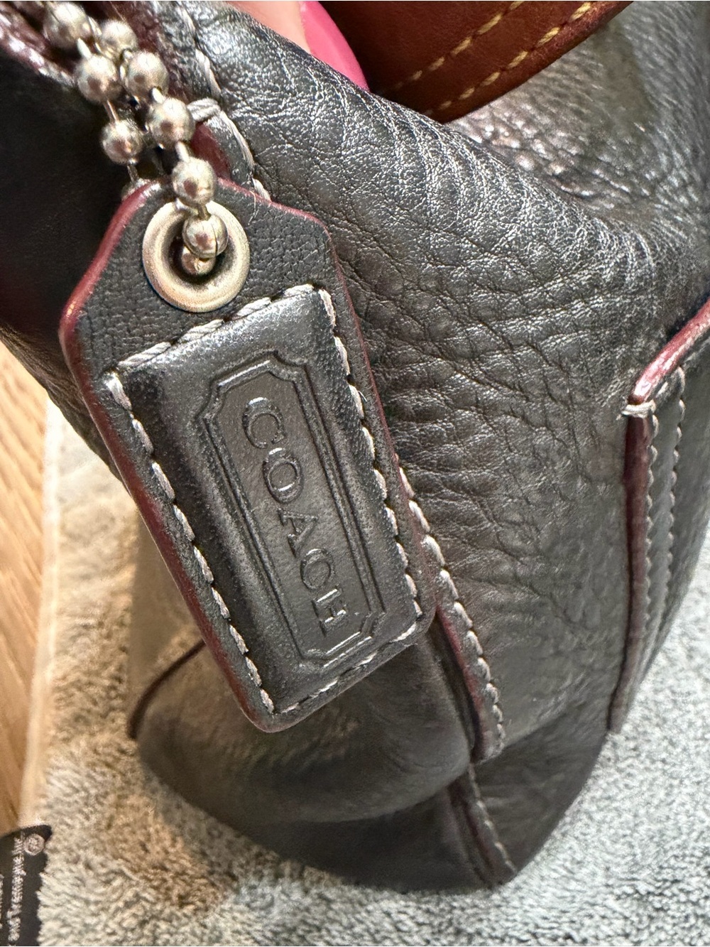 Coach Black Pebbled Leather Shoulder Bag with Brown Strap Accents - Picture 3 of 11